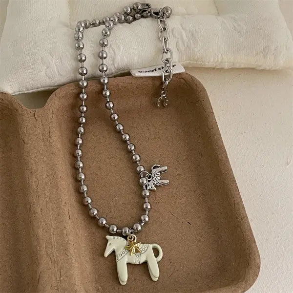 LATS White Black Green Blue Pink Color Enamel Colt Horse Pendant Necklaces for Women Silver Plated Alloy Beads Chain