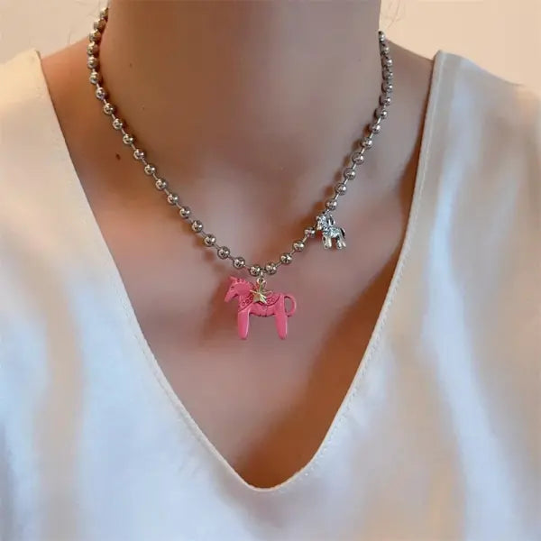 LATS White Black Green Blue Pink Color Enamel Colt Horse Pendant Necklaces for Women Silver Plated Alloy Beads Chain