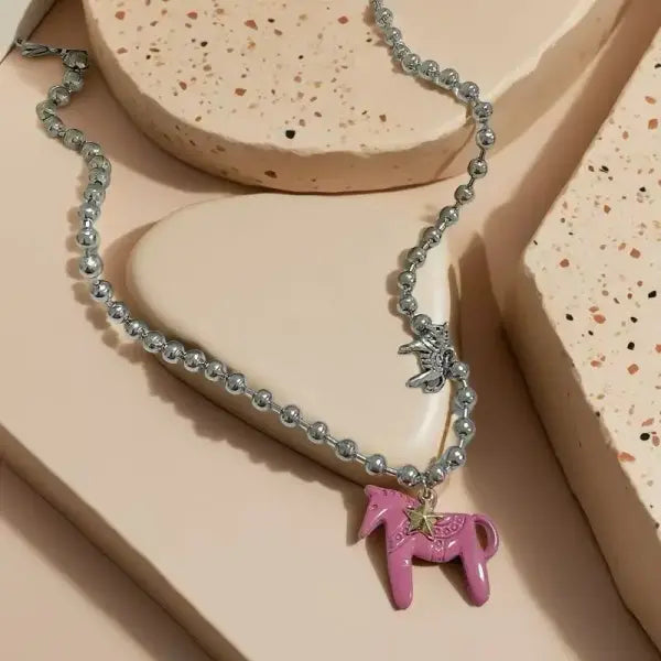 LATS White Black Green Blue Pink Color Enamel Colt Horse Pendant Necklaces for Women Silver Plated Alloy Beads Chain