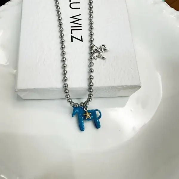 LATS White Black Green Blue Pink Color Enamel Colt Horse Pendant Necklaces for Women Silver Plated Alloy Beads Chain