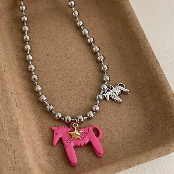 LATS White Black Green Blue Pink Color Enamel Colt Horse Pendant Necklaces for Women Silver Plated Alloy Beads Chain