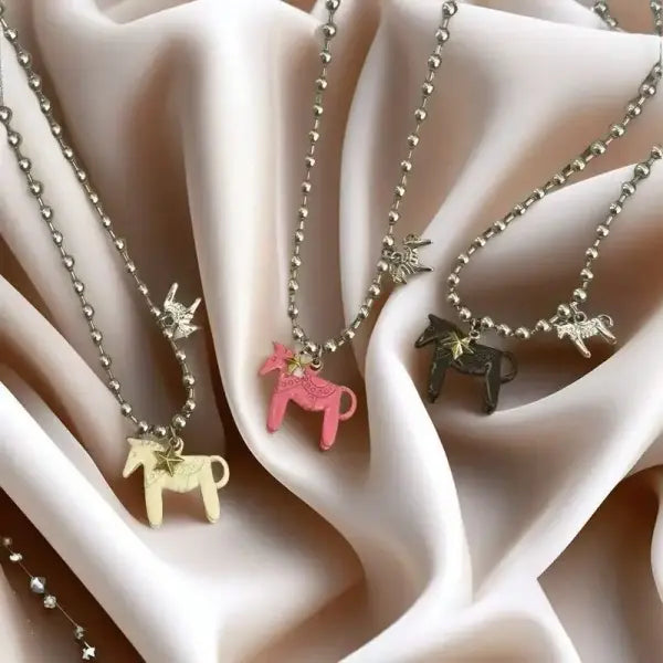 LATS White Black Green Blue Pink Color Enamel Colt Horse Pendant Necklaces for Women Silver Plated Alloy Beads Chain