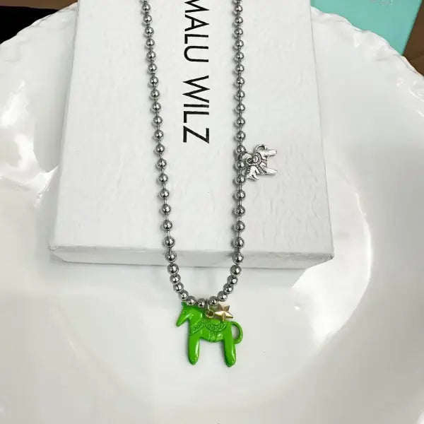 LATS White Black Green Blue Pink Color Enamel Colt Horse Pendant Necklaces for Women Silver Plated Alloy Beads Chain