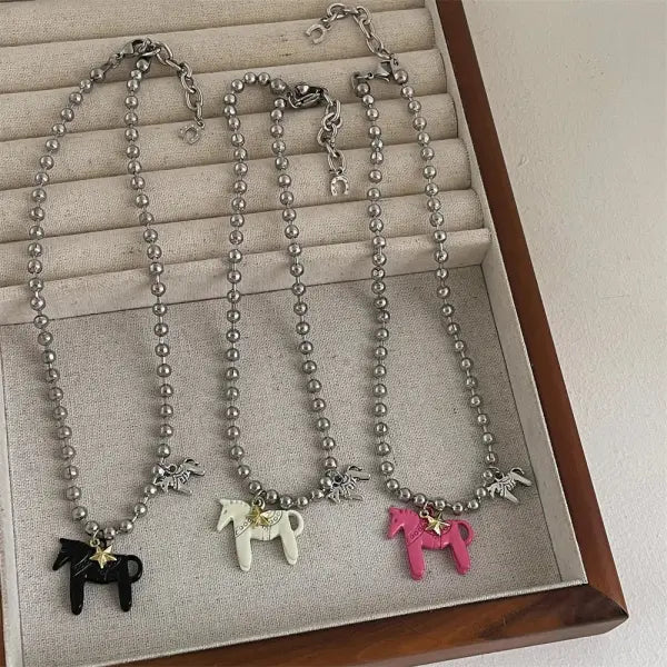 LATS White Black Green Blue Pink Color Enamel Colt Horse Pendant Necklaces for Women Silver Plated Alloy Beads Chain