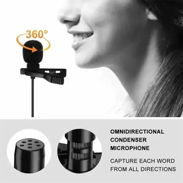 360-degree lavalier microphone with clip-on audio and adjustable mount