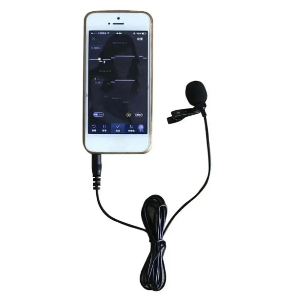 Lavalier microphone connected to iPhone with cable for superior clip-on audio quality