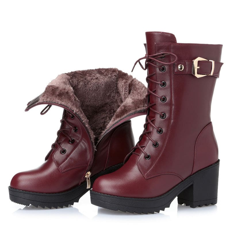 Leather Martin boots women cotton boots - 1Wine red / 35