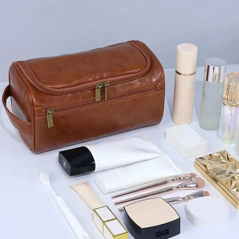 Leather Toiletry Bag – Large Travel Dopp Kit for Men & Women with Hanging Design - Himpall