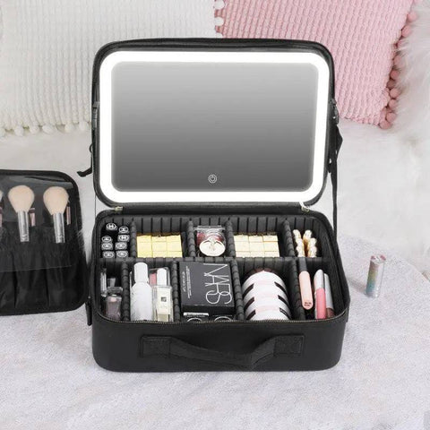 LED Cosmetic Case - Stylish Makeup Organizer with 4K Mirror - Black / 16inches / USB