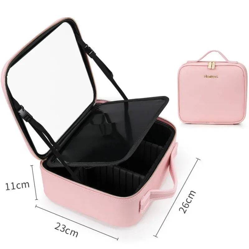 LED Cosmetic Case - Stylish Makeup Organizer with 4K Mirror - Pink / 12inches / No LED