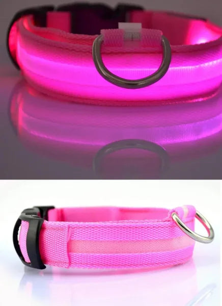 LED Nylon Dog Collar – Glow-in-the-Dark Flashing Pet Leash for Night Safety and Visibility - Pink / M Length 40-48 CM