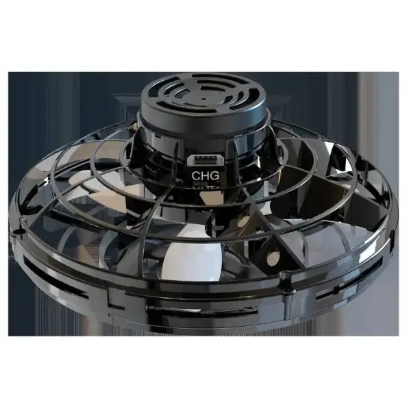 LED UFO drone mini flying toy with black disc, spinning blades and LED lights