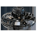 LED UFO drone mini flying toy with black disc, spinning blades and LED lights