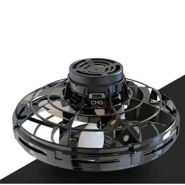 LED UFO drone: black circular interactive mini flying toy with spinning blade and charging port