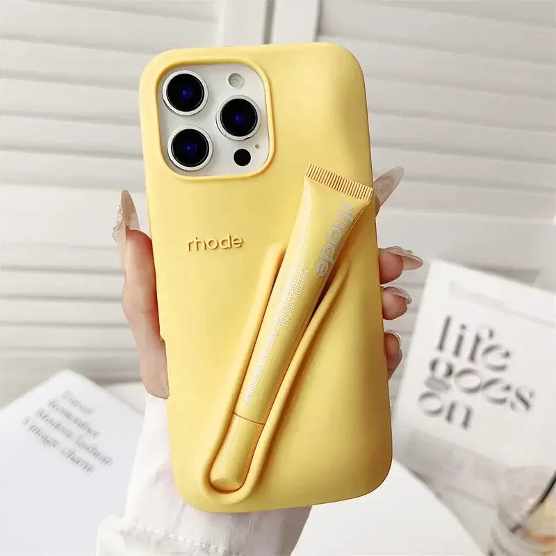 Lemontini Yellow Portable Lip Gloss Silicone Phone Case for IPhone 17 11 12 13 14 15 16 Pro Max Plus Lipstick