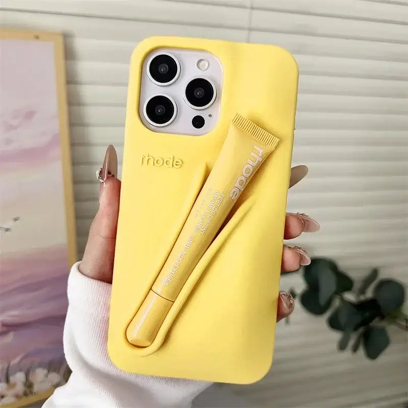 Lemontini Yellow Portable Lip Gloss Silicone Phone Case for IPhone 17 11 12 13 14 15 16 Pro Max Plus Lipstick