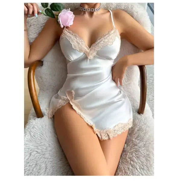 Leopard Lace Trim Nightdress V Neck Backless Side Split Sleepwear - White / M