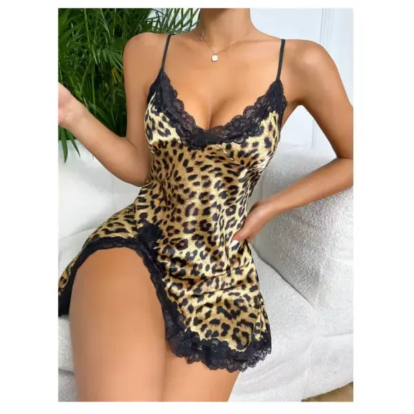 Leopard Lace Trim Nightdress V Neck Backless Side Split Sleepwear - Coffee / M