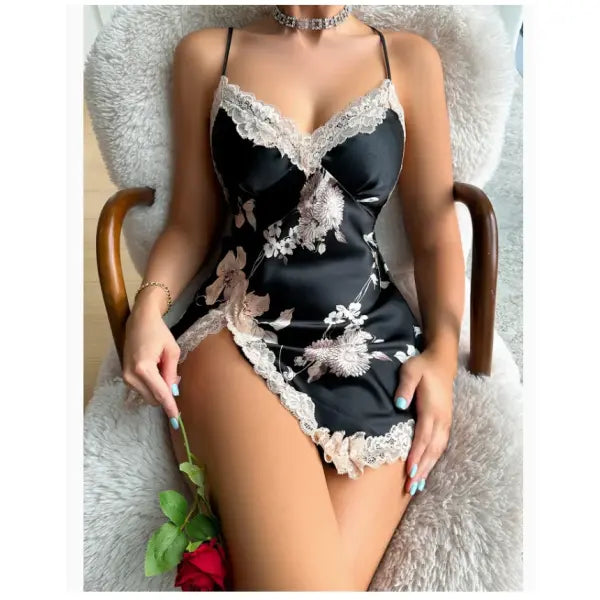Leopard Lace Trim Nightdress V Neck Backless Side Split Sleepwear - Black 1 / M