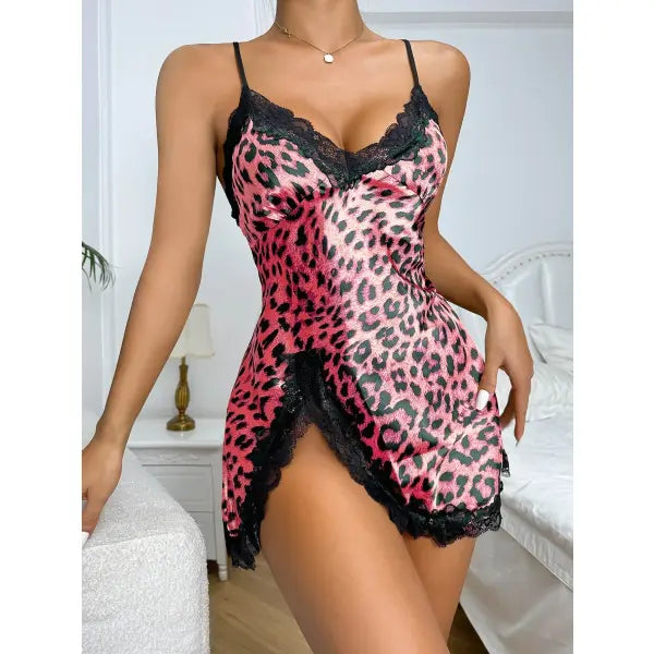 Leopard Lace Trim Nightdress V Neck Backless Side Split Sleepwear