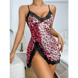 Leopard Lace Trim Nightdress V Neck Backless Side Split Sleepwear