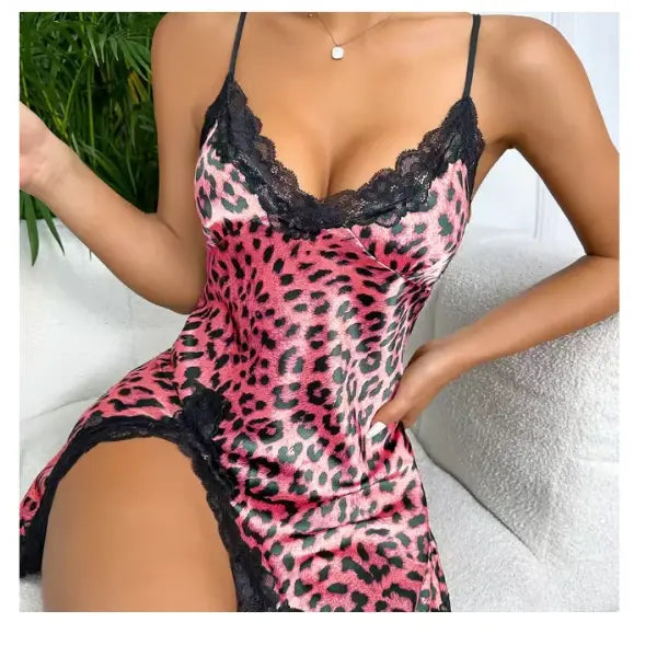 Leopard Lace Trim Nightdress V Neck Backless Side Split Sleepwear