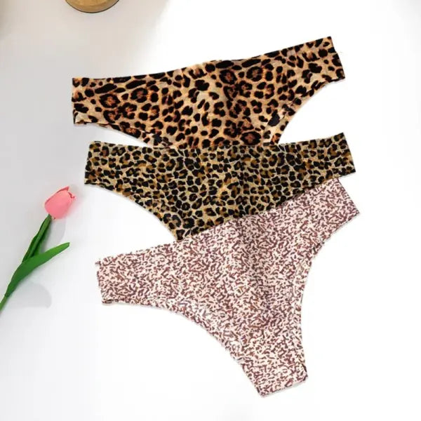 Leopard Panties 3-Piece Seamless Ice Silk Set Sexy Printed Style - Set 1 / M / 3pcs