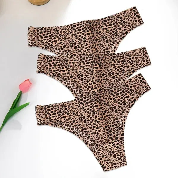 Leopard Panties 3-Piece Seamless Ice Silk Set Sexy Printed Style - Set 10 / S / 3pcs