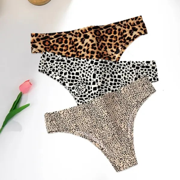Leopard Panties 3-Piece Seamless Ice Silk Set Sexy Printed Style - Set 2 / S / 3pcs