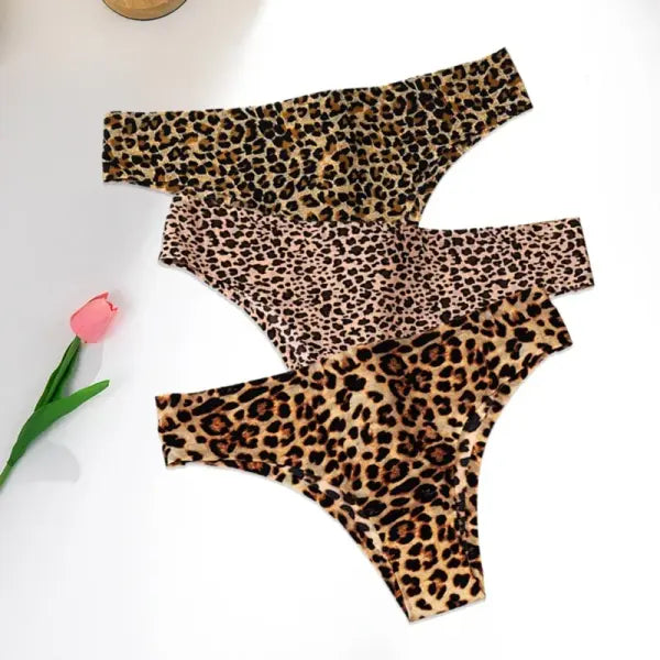 Leopard Panties 3-Piece Seamless Ice Silk Set Sexy Printed Style - Set 4 / M / 3pcs