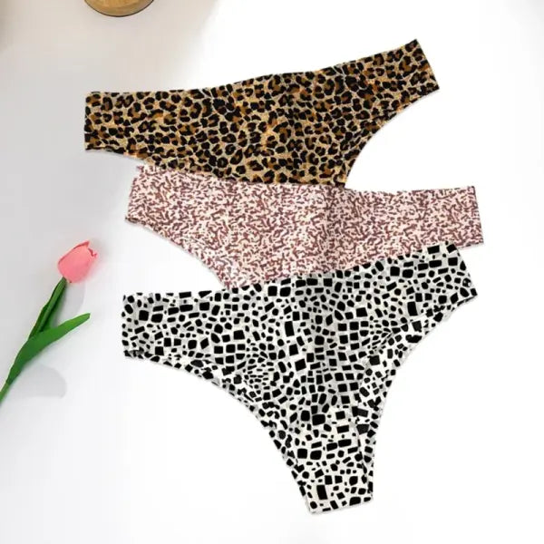 Leopard Panties 3-Piece Seamless Ice Silk Set Sexy Printed Style - Set 5 / L / 3pcs