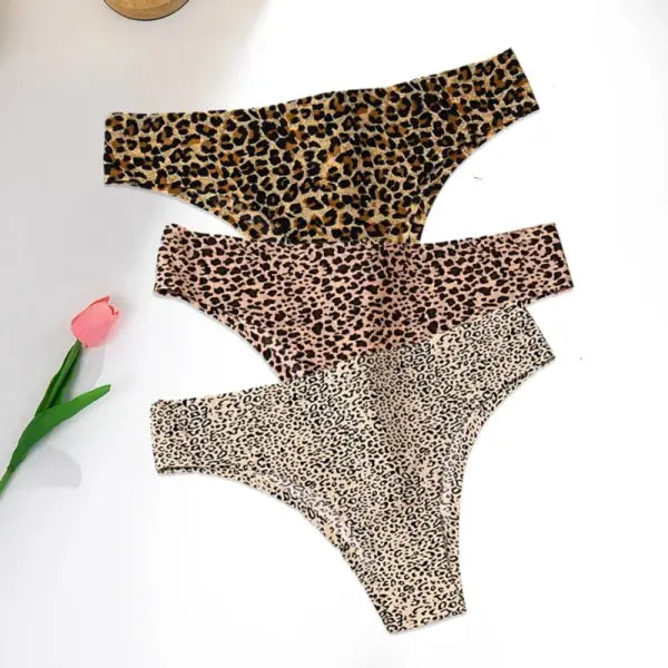 Leopard Panties 3-Piece Seamless Ice Silk Set Sexy Printed Style - Set 6 / S / 3pcs