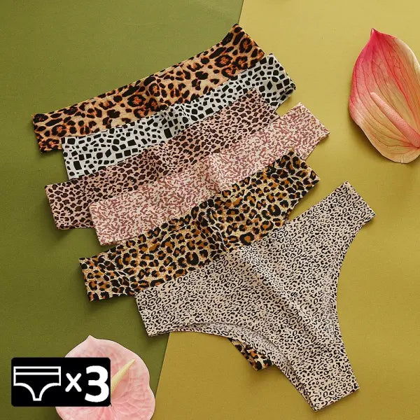Leopard Panties 3-Piece Seamless Ice Silk Set Sexy Printed Style