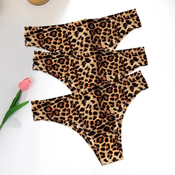 Leopard Panties 3-Piece Seamless Ice Silk Set Sexy Printed Style - Set 8 / M / 3pcs