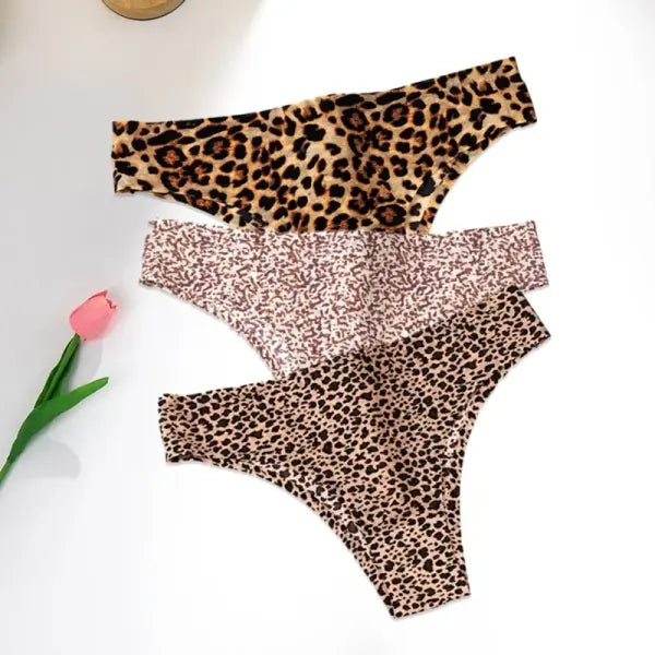 Leopard Panties 3-Piece Seamless Ice Silk Set Sexy Printed Style - Set 3 / S / 3pcs