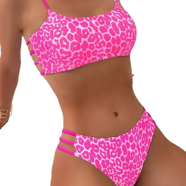 Leopard Print Contrast Color Push Up Tight Split Swimsuit - None