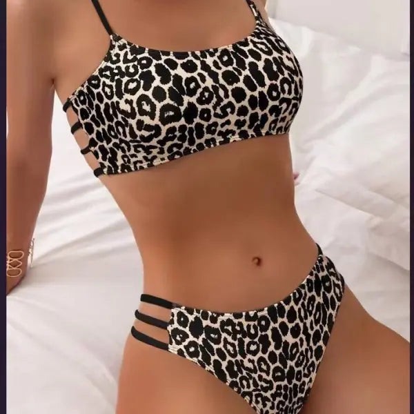 Leopard Print Contrast Color Push Up Tight Split Swimsuit - None