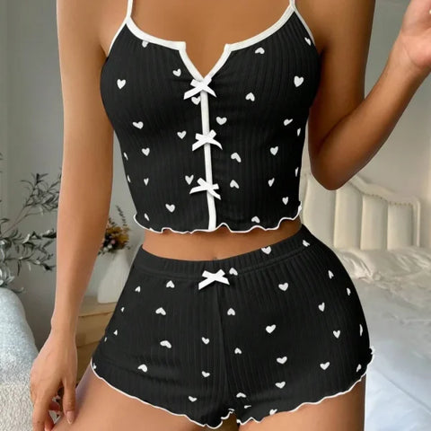 Lightweight Summer Satin Pajamas for Women – Casual & Adjustable Homewear Set - Black / M