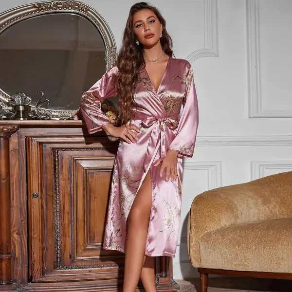 Little Cherry Print Belted Robe Sexy Satin Elegant Loungewear Four Seasons Breathable Sleepwear for Women - Pink / XL
