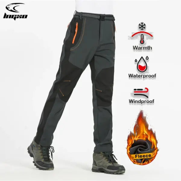 LNGXO Thick Warm Fleece Hiking Pants Men Winter Waterproof Windproof Outdoor Soft Shell Rain Trousers Trekking Camping