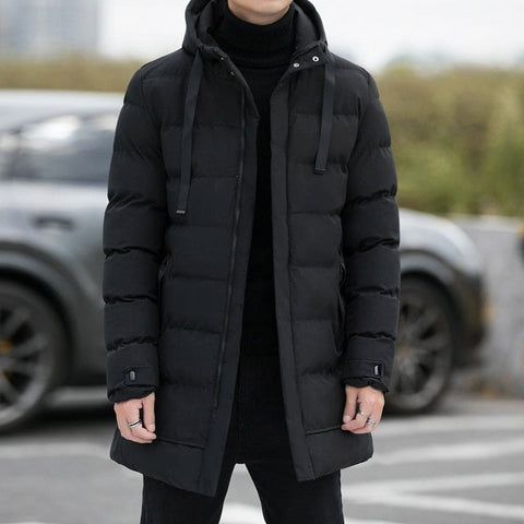 Long Hooded Jacket Men - Winter Warm Windproof Coat Fashion Solid Color