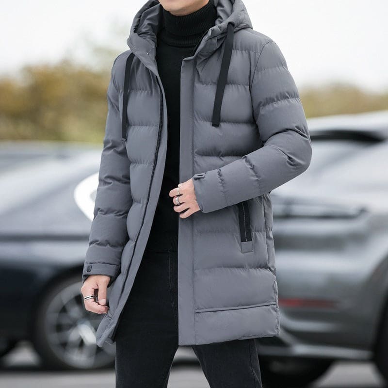 Long Hooded Jacket Men - Winter Warm Windproof Coat Fashion Solid Color - Silver grey / 2XL