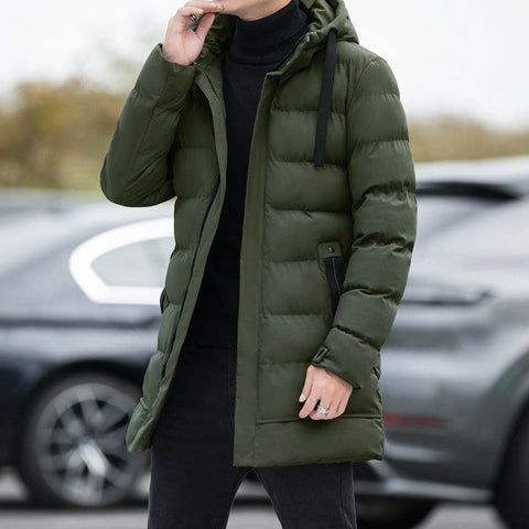 Long Hooded Jacket Men - Winter Warm Windproof Coat Fashion Solid Color - Military green / 2XL