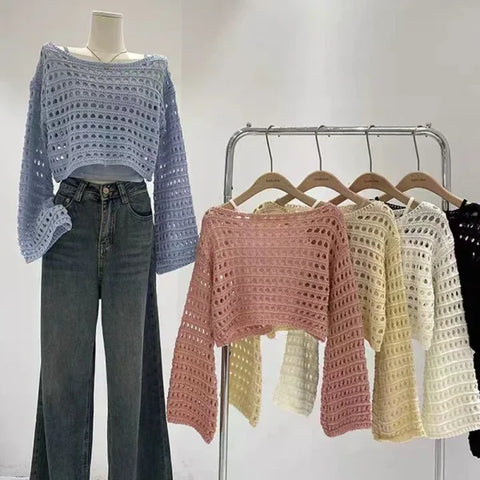 Long Sleeve Crochet Knit Top - Summer Beach Bikini Cover-Up & Boho Crop Pullover for Women