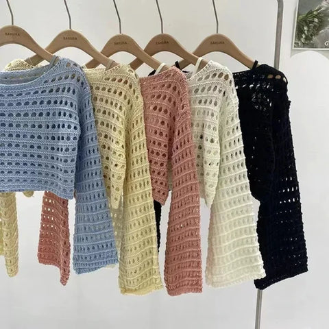 Long Sleeve Crochet Knit Top - Summer Beach Bikini Cover-Up & Boho Crop Pullover for Women
