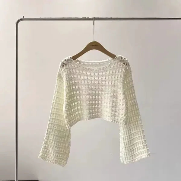 Long Sleeve Crochet Knit Top - Summer Beach Bikini Cover-Up & Boho Crop Pullover for Women - One Size / WHITE