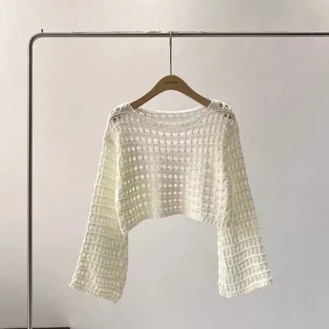 Long Sleeve Crochet Knit Top - Summer Beach Bikini Cover-Up & Boho Crop Pullover for Women - One Size / WHITE