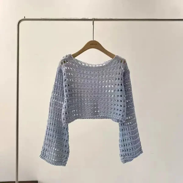 Long Sleeve Crochet Knit Top - Summer Beach Bikini Cover-Up & Boho Crop Pullover for Women - One Size / LightBlue