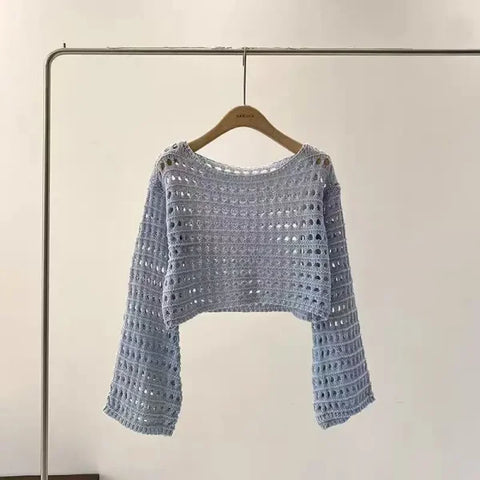 Long Sleeve Crochet Knit Top - Summer Beach Bikini Cover-Up & Boho Crop Pullover for Women - One Size / LightBlue