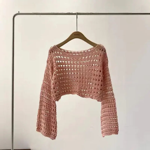 Long Sleeve Crochet Knit Top - Summer Beach Bikini Cover-Up & Boho Crop Pullover for Women - One Size / Pink